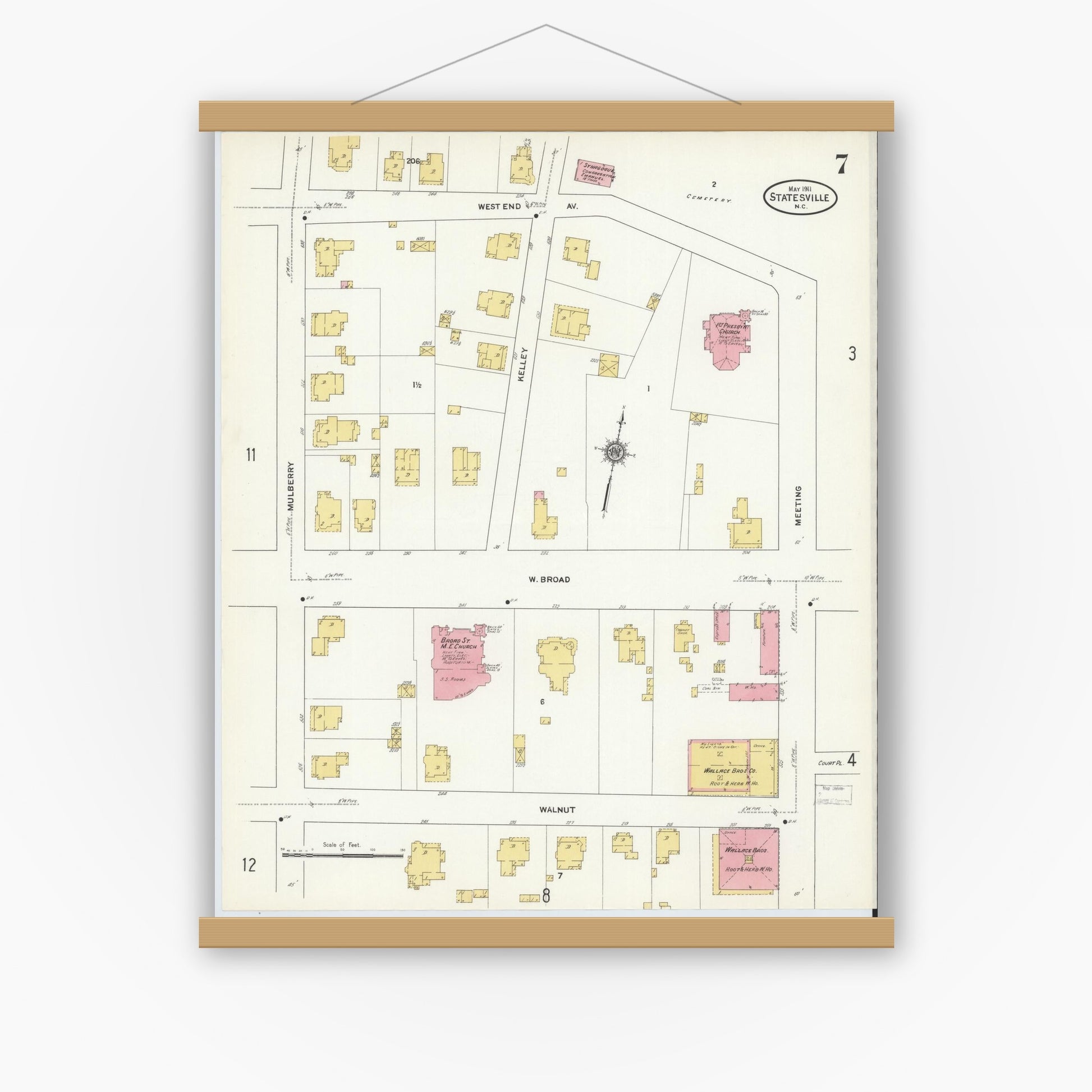 Old map wall art mockup — magnetic wood frame on white wall — Sanborn Fire Insurance Map from Statesville, Iredell County, North Carolina (1911), Sheet #0007