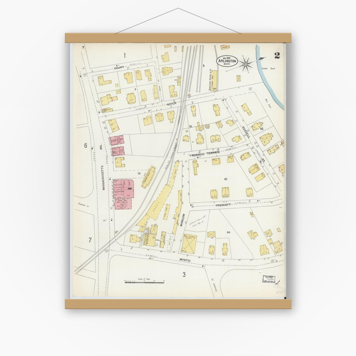 Old map wall art mockup — magnetic wood frame on white wall — Sanborn Fire Insurance Map from Arlington, Middlesex County, Massachusetts (1903), Sheet #0002