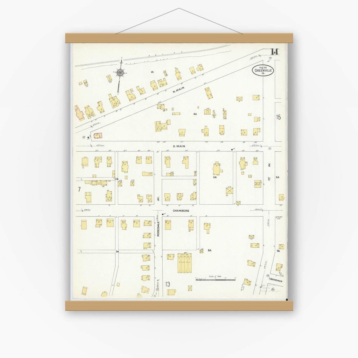 Old map wall art mockup — magnetic wood frame on white wall — Sanborn Fire Insurance Map from Greenville, Mercer County, Pennsylvania (1911), Sheet #0014