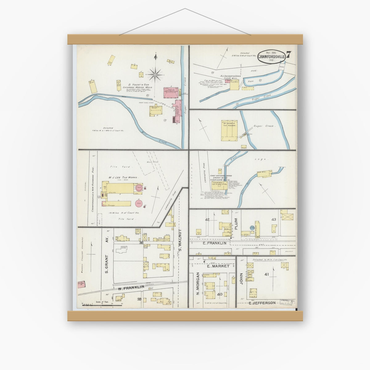 Old map wall art mockup — magnetic wood frame on white wall — Sanborn Fire Insurance Map from Crawfordsville, Montgomery County, Indiana (1892), Sheet #0007