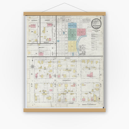 Old map wall art mockup — magnetic wood frame on white wall — Sanborn Fire Insurance Map from Petersburg, Menard County, Illinois (1892) - Complete Map Set
