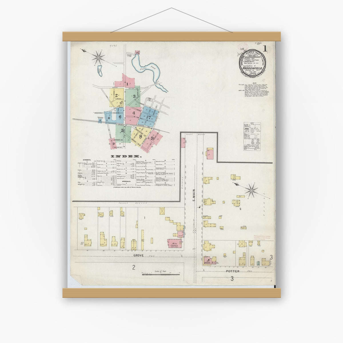 Old map wall art mockup — magnetic wood frame on white wall — Sanborn Fire Insurance Map from Haddonfield, Camden County, New Jersey (1897), Sheet #0001
