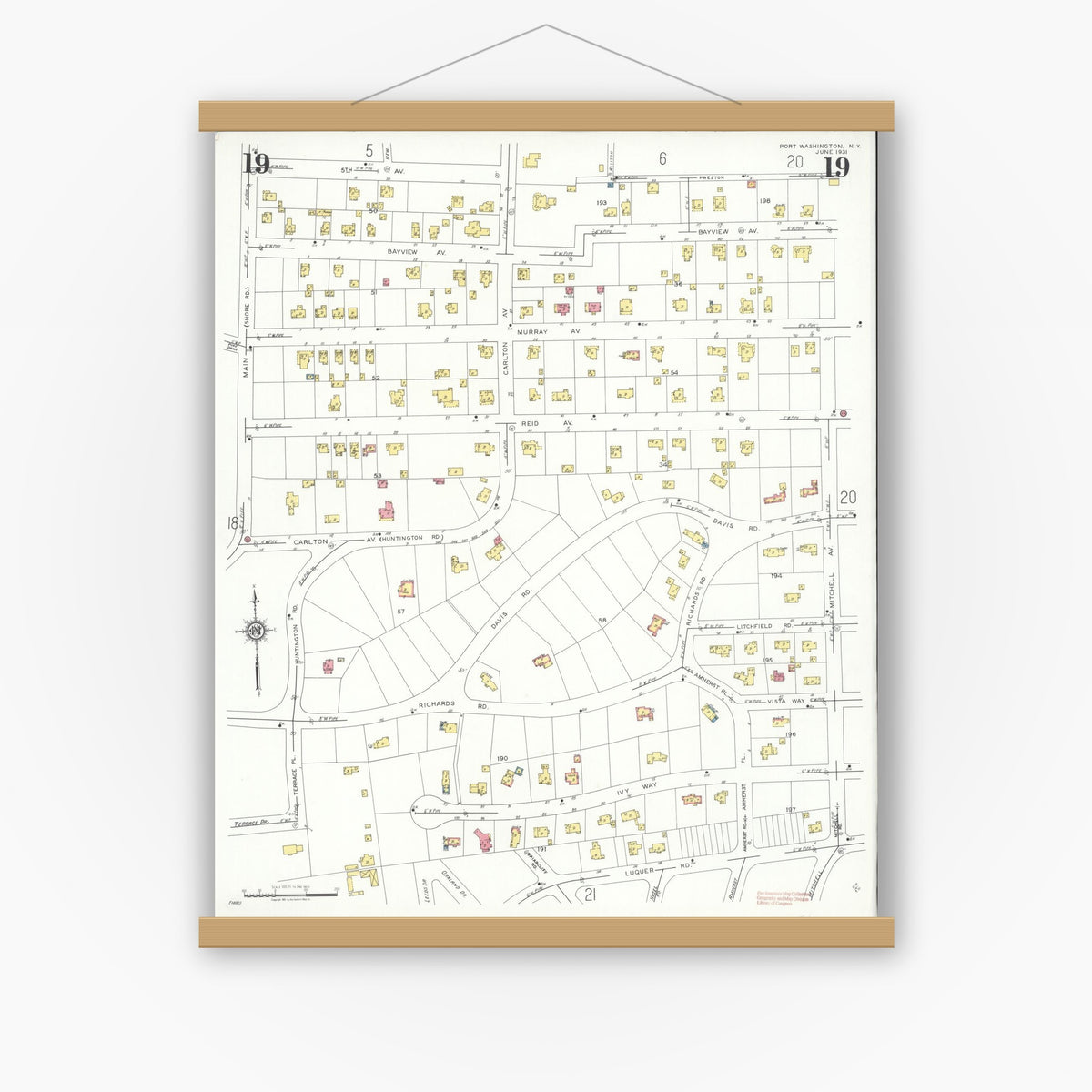 Old map wall art mockup — magnetic wood frame on white wall — Sanborn Fire Insurance Map from Port Washington, Nassau County, New York (1931), Sheet #0019