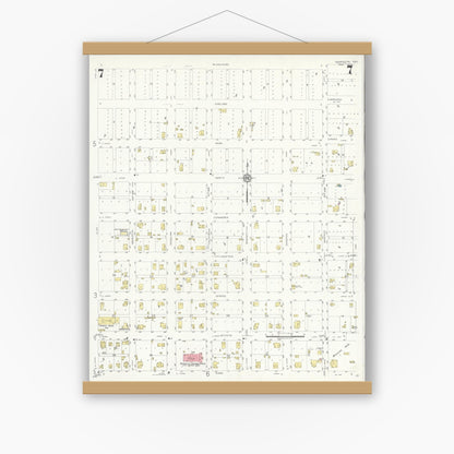Old map wall art mockup — magnetic wood frame on white wall — Sanborn Fire Insurance Map from Henrietta, Clay County, Texas (1934), Sheet #0007