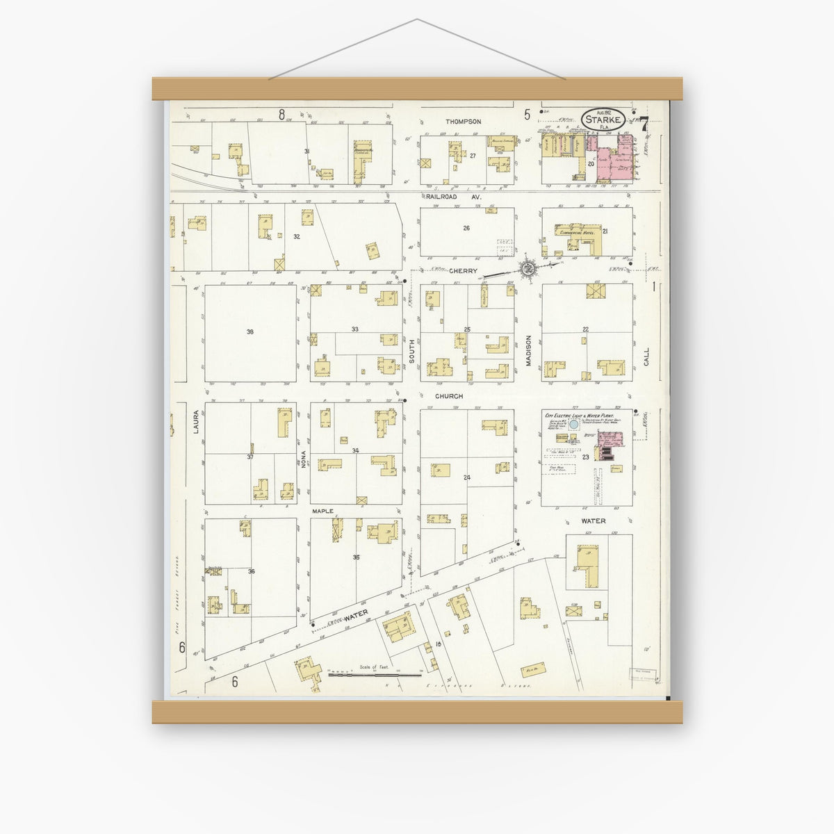 Old map wall art mockup — magnetic wood frame on white wall — Sanborn Fire Insurance Map from Starke, Bradford County, Florida (1912), Sheet #0007