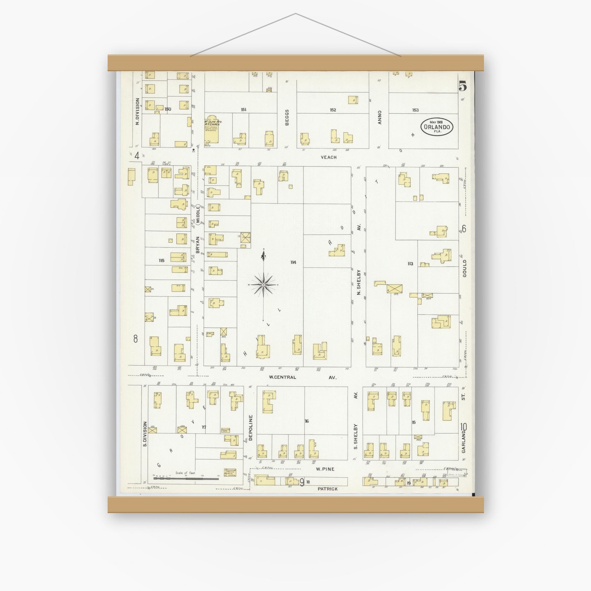 Old map wall art mockup — magnetic wood frame on white wall — Sanborn Fire Insurance Map from Orlando, Orange County, Florida (1908), Sheet #0005