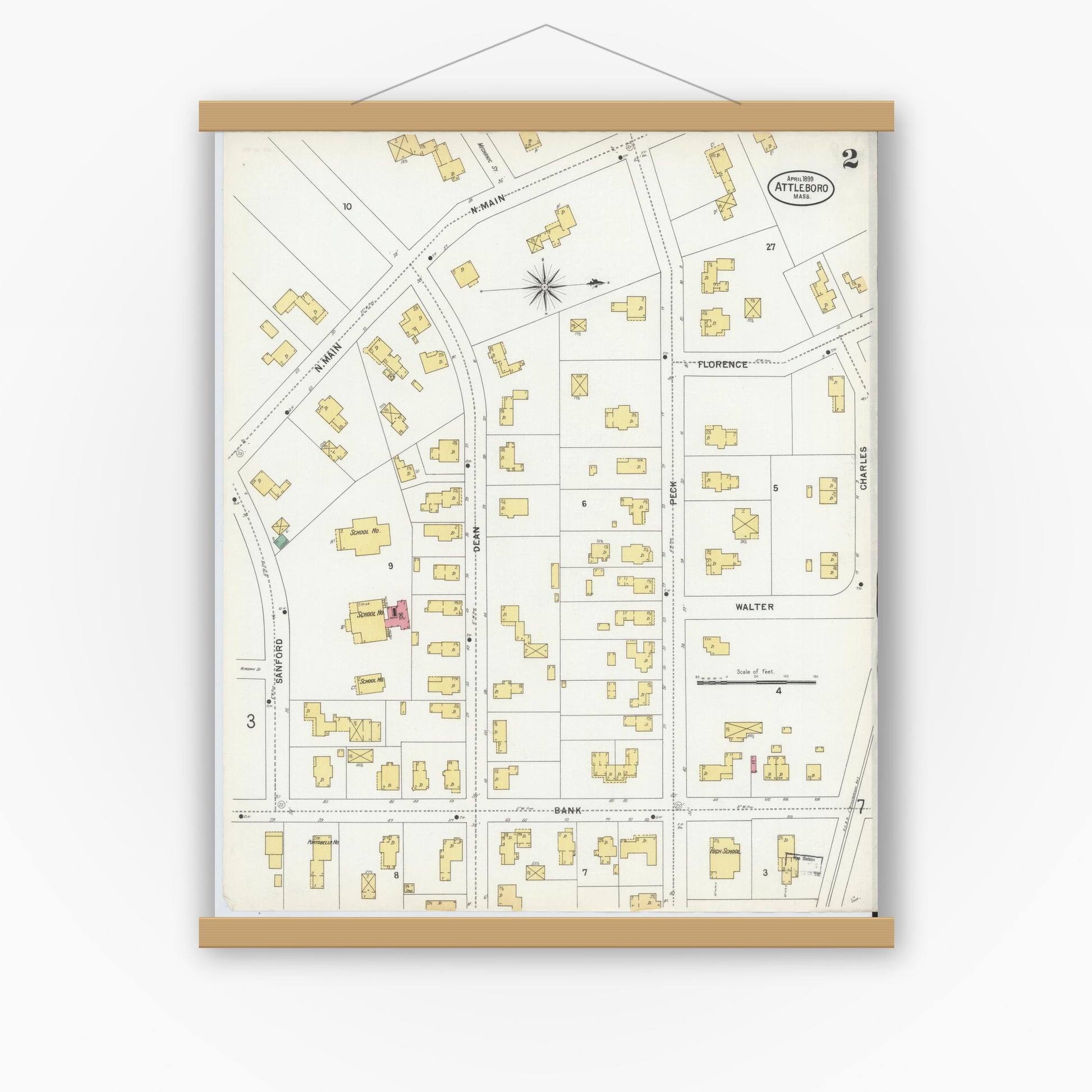 Old map wall art mockup — magnetic wood frame on white wall — Sanborn Fire Insurance Map from Attleboro, Bristol County, Massachusetts (1899), Sheet #0002