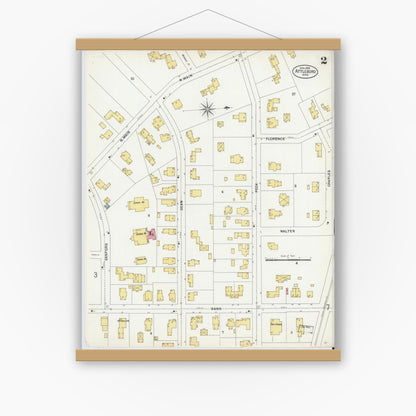 Old map wall art mockup — magnetic wood frame on white wall — Sanborn Fire Insurance Map from Attleboro, Bristol County, Massachusetts (1899), Sheet #0002