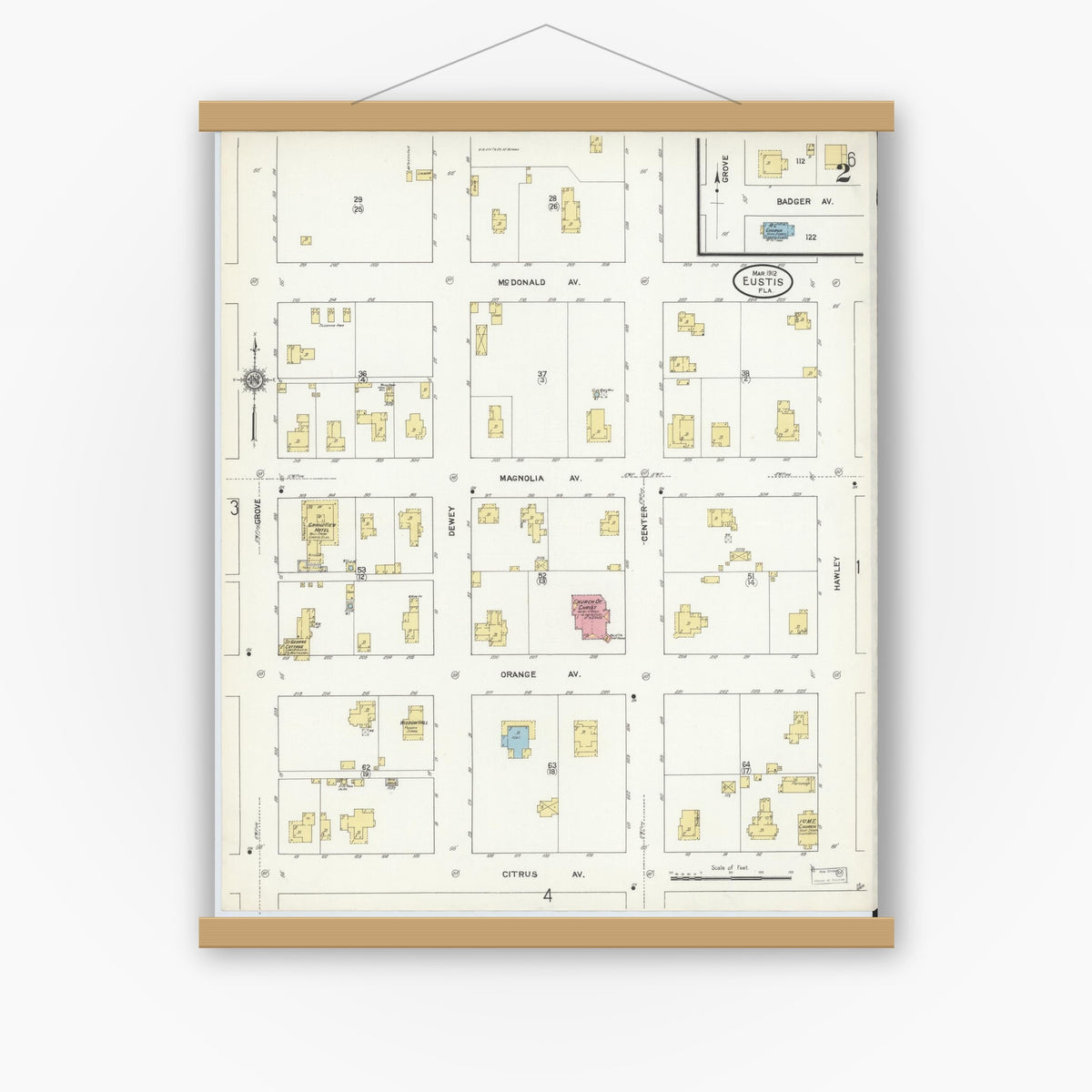 Old map wall art mockup — magnetic wood frame on white wall — Sanborn Fire Insurance Map from Eustis, Lake County, Florida (1912), Sheet #0002