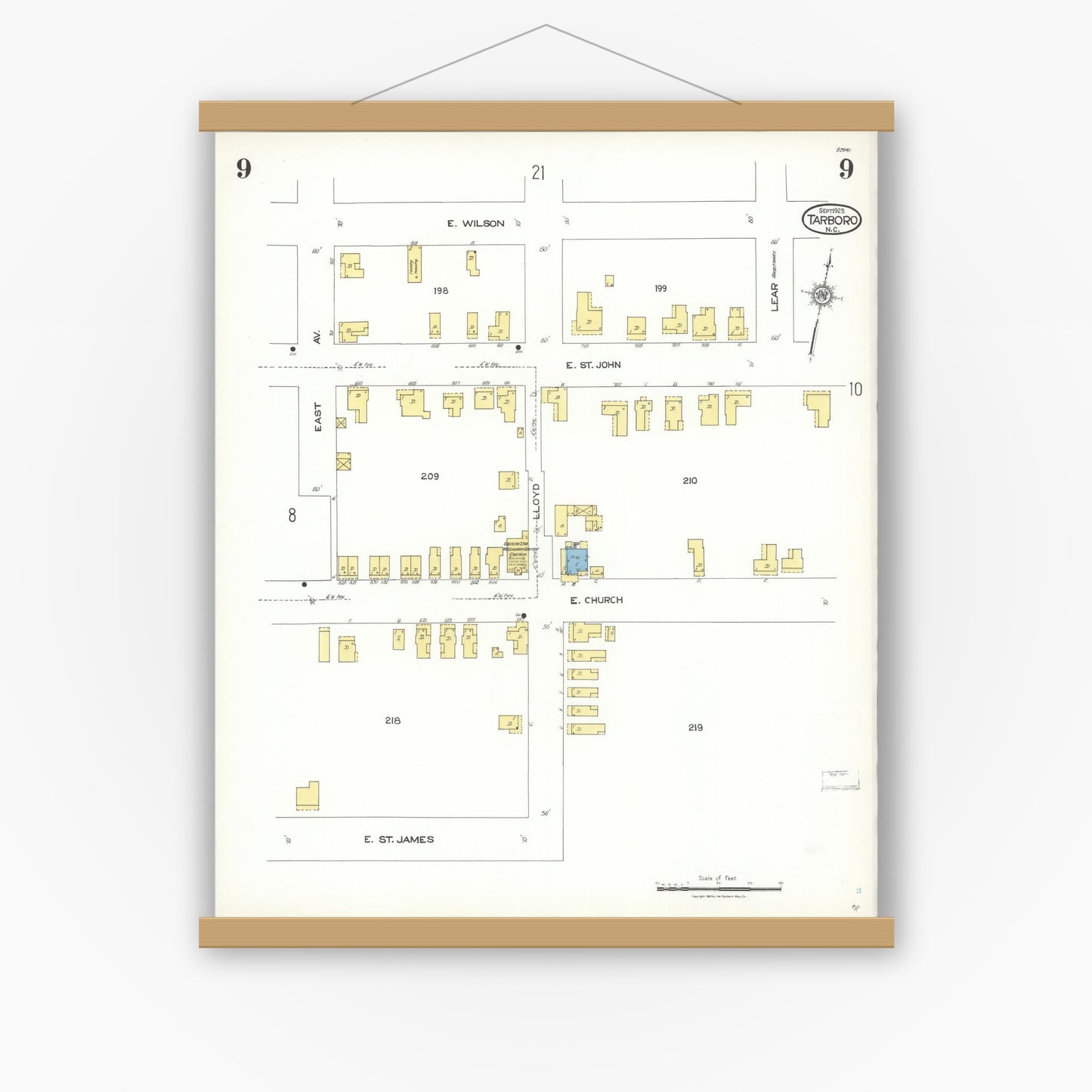 Old map wall art mockup — magnetic wood frame on white wall — Sanborn Fire Insurance Map from Tarboro, Edgecombe County, North Carolina (1923), Sheet #0009