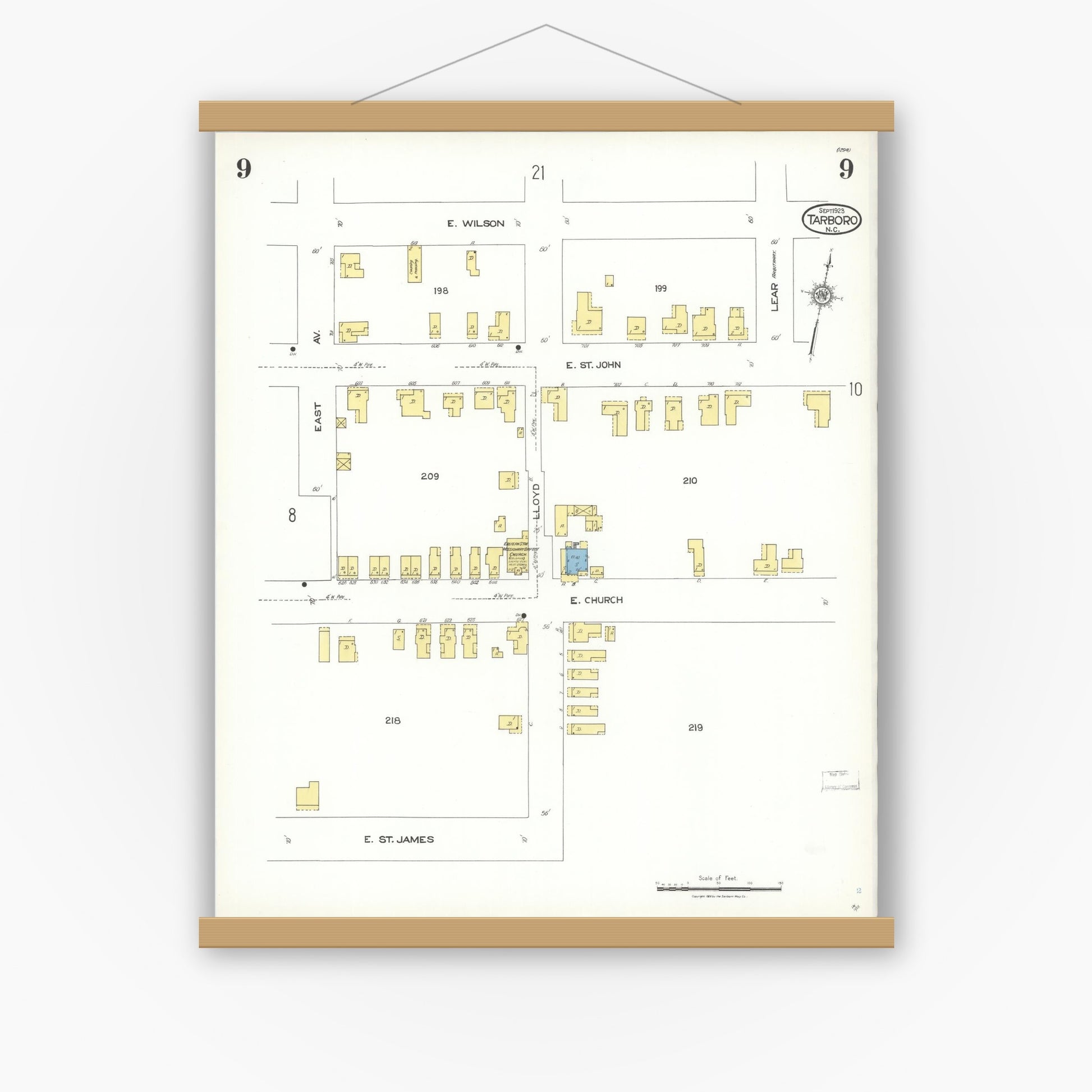 Old map wall art mockup — magnetic wood frame on white wall — Sanborn Fire Insurance Map from Tarboro, Edgecombe County, North Carolina (1923), Sheet #0009
