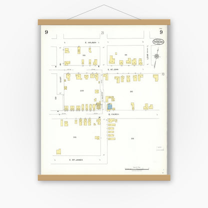 Old map wall art mockup — magnetic wood frame on white wall — Sanborn Fire Insurance Map from Tarboro, Edgecombe County, North Carolina (1923), Sheet #0009