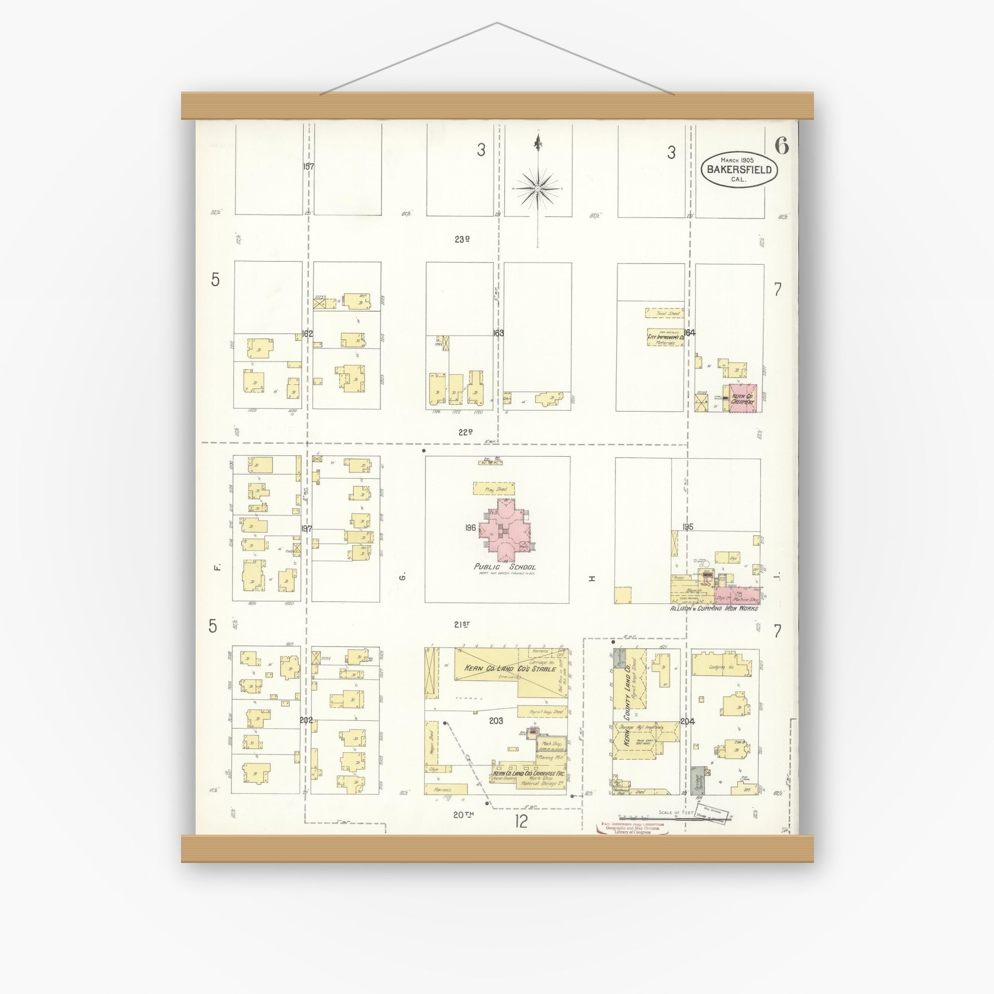 Old map wall art mockup — magnetic wood frame on white wall — Sanborn Fire Insurance Map from Bakersfield, Kern County, California (1905), Sheet #0006