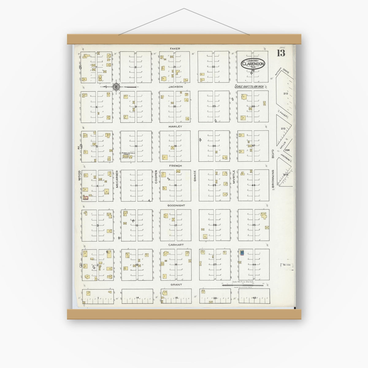 Old map wall art mockup — magnetic wood frame on white wall — Sanborn Fire Insurance Map from Clarendon, Donley County, Texas (1921), Sheet #0013