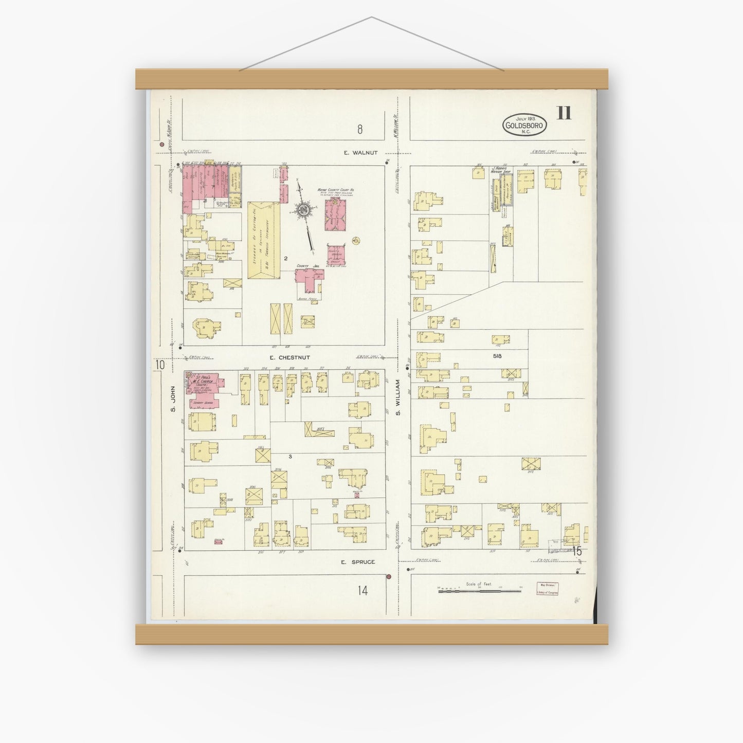Old map wall art mockup — magnetic wood frame on white wall — Sanborn Fire Insurance Map from Goldsboro, Wayne County, North Carolina (1913), Sheet #0011