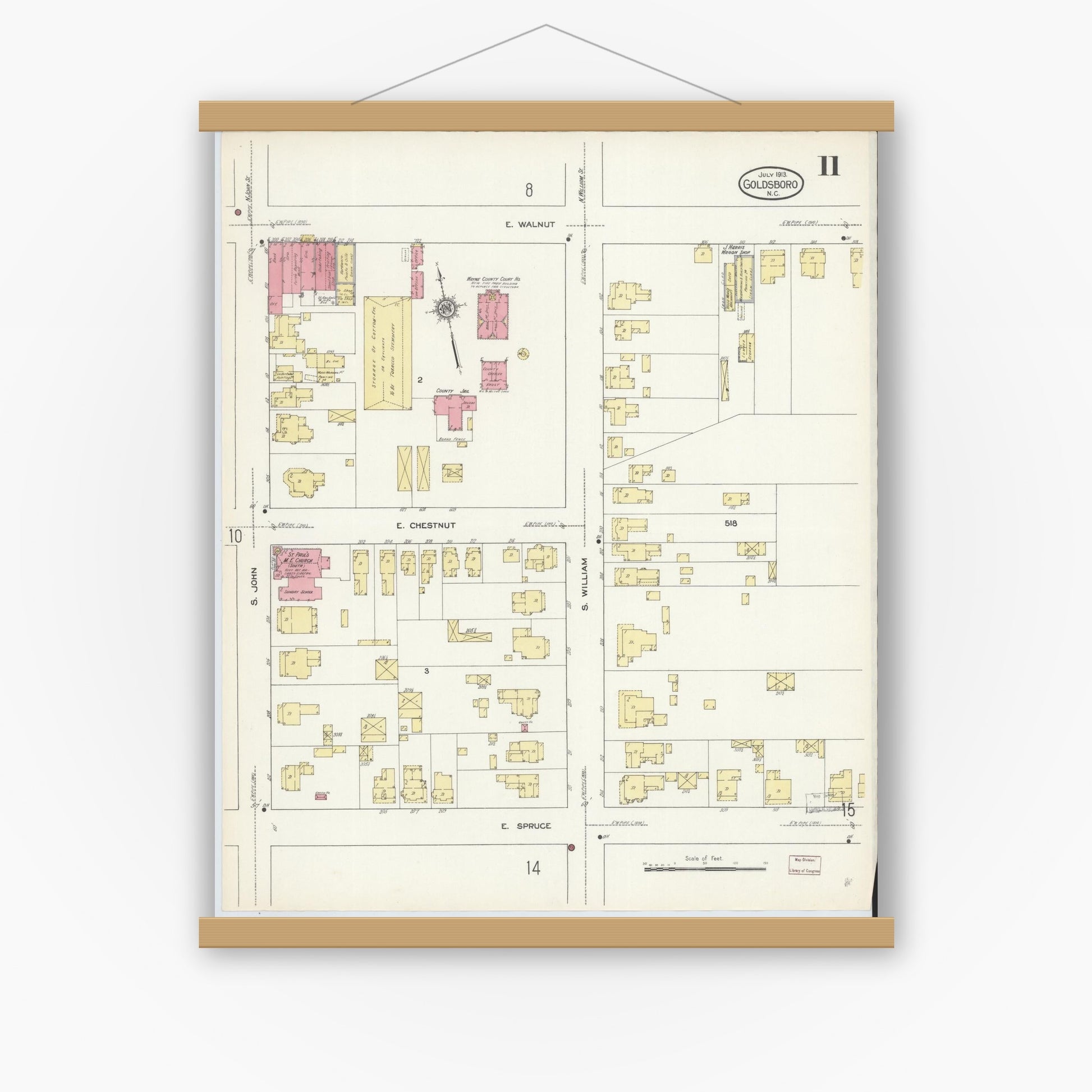Old map wall art mockup — magnetic wood frame on white wall — Sanborn Fire Insurance Map from Goldsboro, Wayne County, North Carolina (1913), Sheet #0011