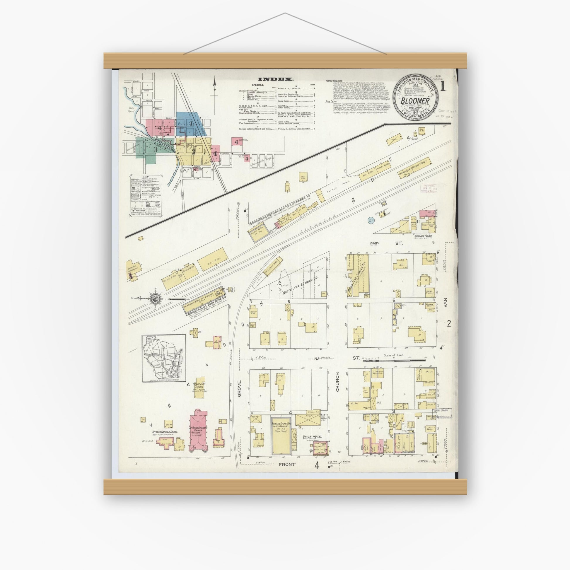 Old map wall art mockup — magnetic wood frame on white wall — Sanborn Fire Insurance Map from Bloomer, Chippewa County, Wisconsin (1912), Sheet #0001