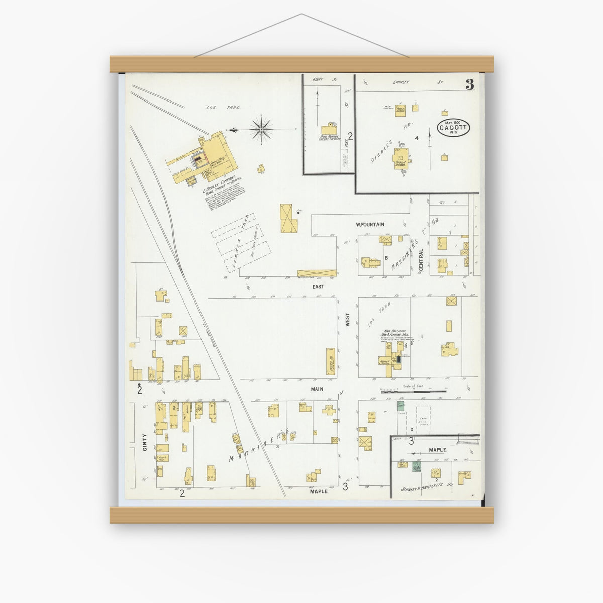 Old map wall art mockup — magnetic wood frame on white wall — Sanborn Fire Insurance Map from Cadott, Chippewa County, Wisconsin (1900), Sheet #0003