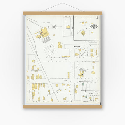 Old map wall art mockup — magnetic wood frame on white wall — Sanborn Fire Insurance Map from Cadott, Chippewa County, Wisconsin (1900), Sheet #0003