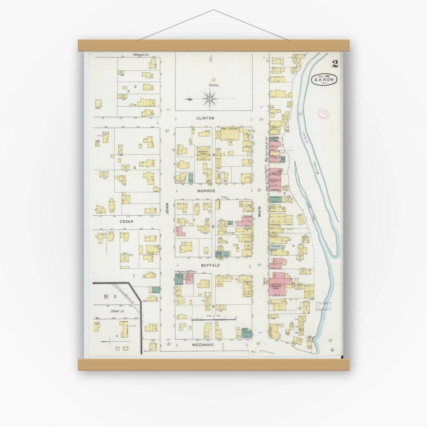 Old map wall art mockup — magnetic wood frame on white wall — Sanborn Fire Insurance Map from Akron, Erie County, New York (1894), Sheet #0002