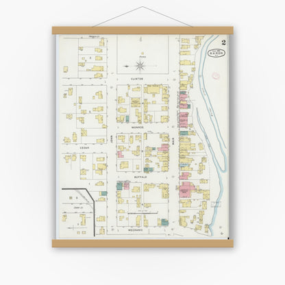 Old map wall art mockup — magnetic wood frame on white wall — Sanborn Fire Insurance Map from Akron, Erie County, New York (1894), Sheet #0002