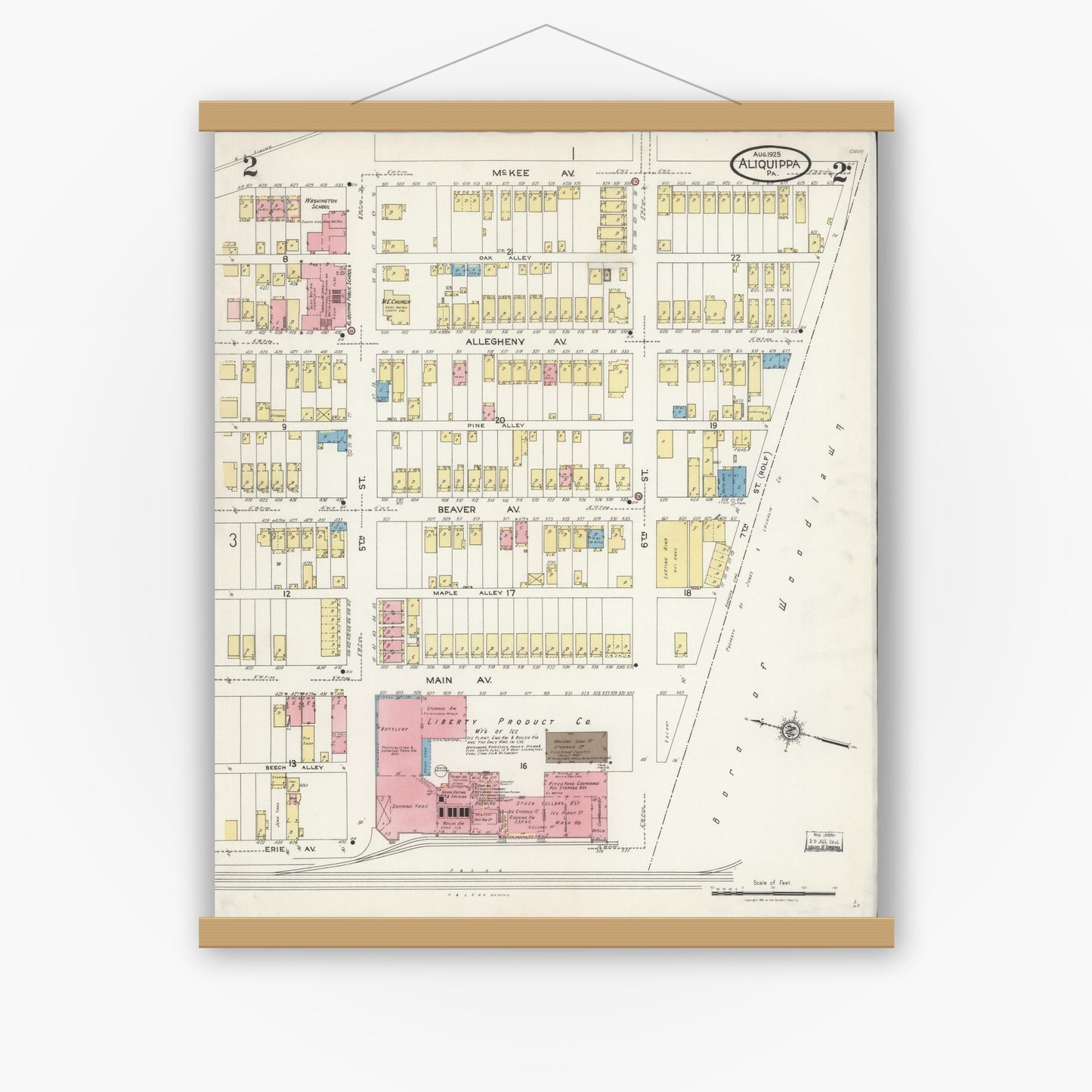 Old map wall art mockup — magnetic wood frame on white wall — Sanborn Fire Insurance Map from Aliquippa, Beaver County, Pennsylvania (1925), Sheet #0002