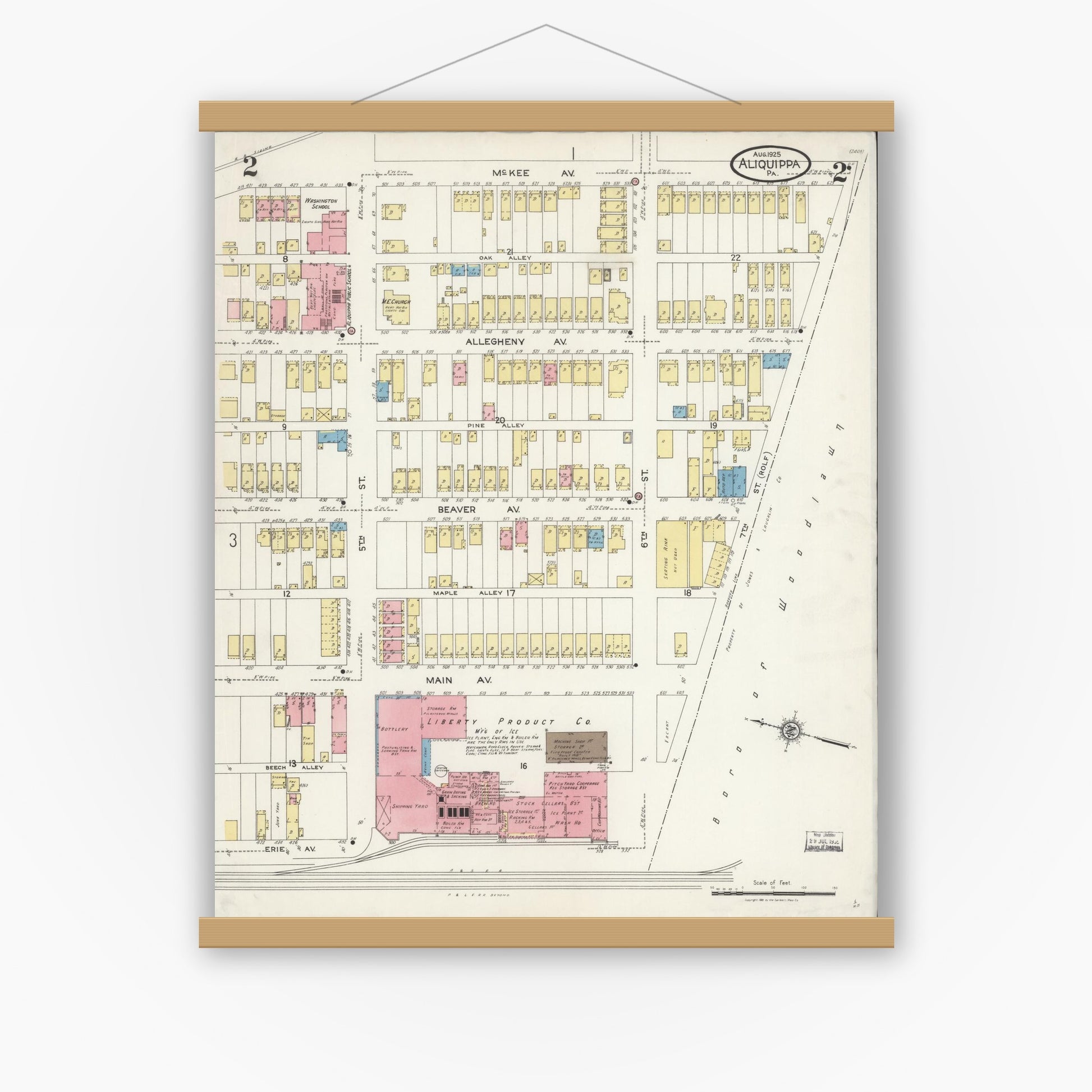 Old map wall art mockup — magnetic wood frame on white wall — Sanborn Fire Insurance Map from Aliquippa, Beaver County, Pennsylvania (1925), Sheet #0002