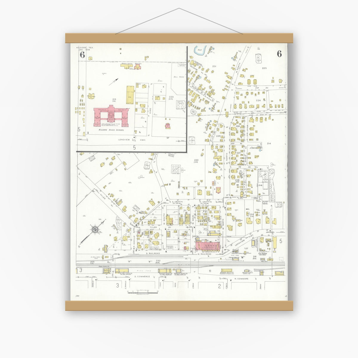 Old map wall art mockup — magnetic wood frame on white wall — Sanborn Fire Insurance Map from Kilgore, Gregg County, Texas (1936), Sheet #0006