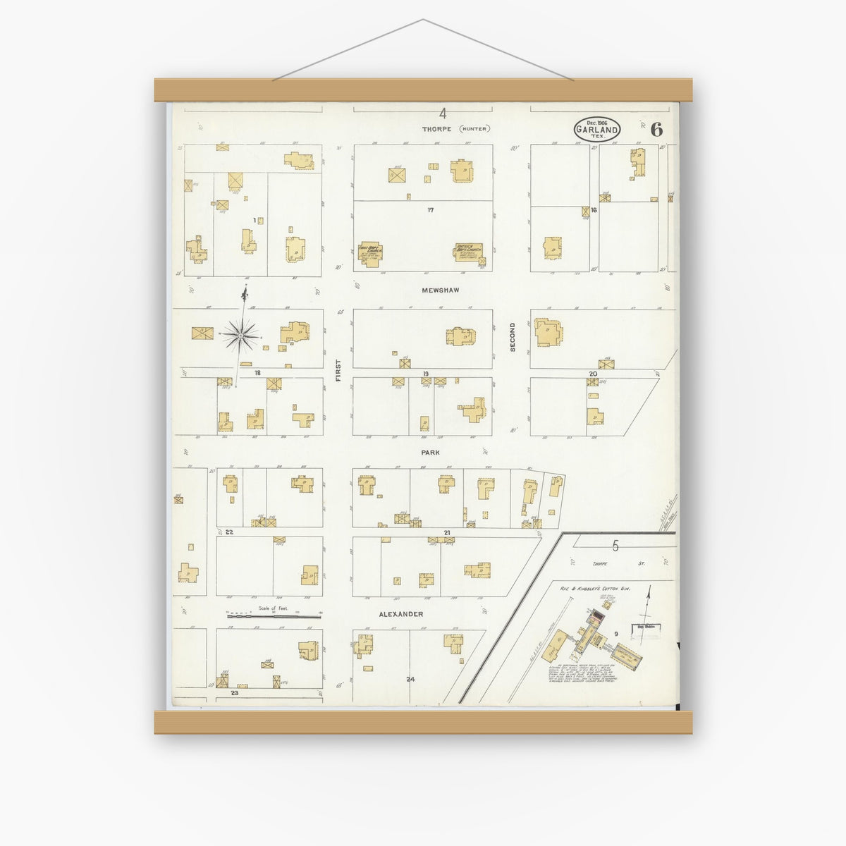 Old map wall art mockup — magnetic wood frame on white wall — Sanborn Fire Insurance Map from Garland, Dallas County, Texas (1906), Sheet #0006