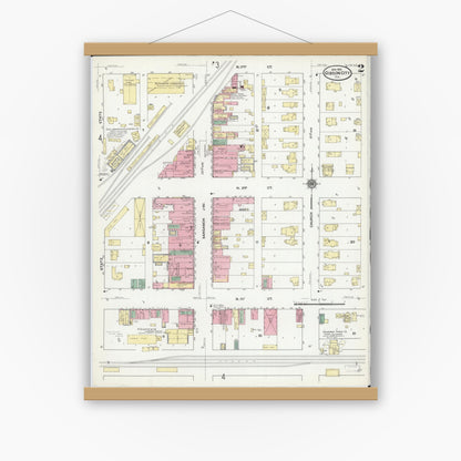 Old map wall art mockup — magnetic wood frame on white wall — Sanborn Fire Insurance Map from Gibson City, Ford County, Illinois (1910), Sheet #0002