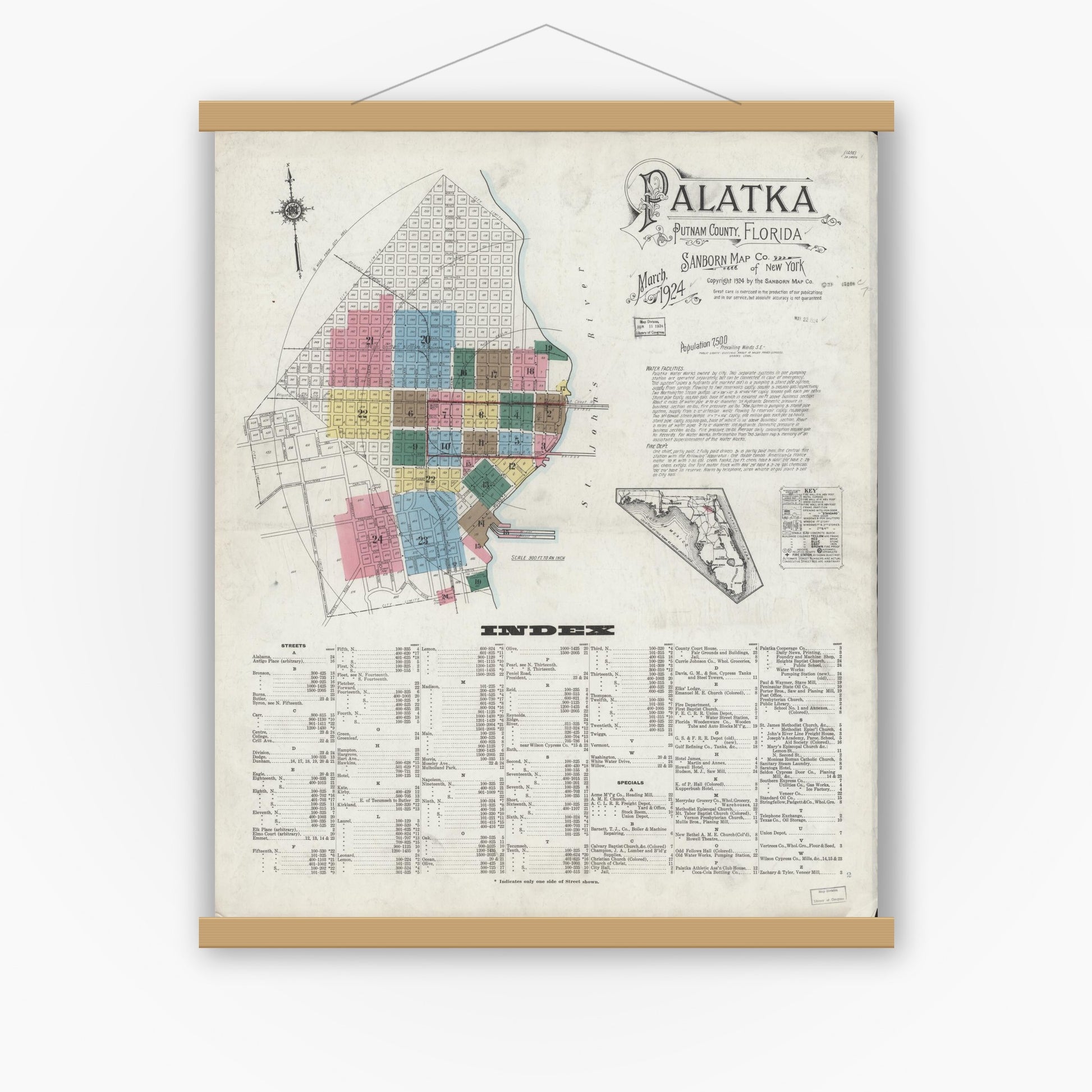 Old map wall art mockup — magnetic wood frame on white wall — Sanborn Fire Insurance Map from Palatka, Putnam County, Florida (1924) - Complete Map Set