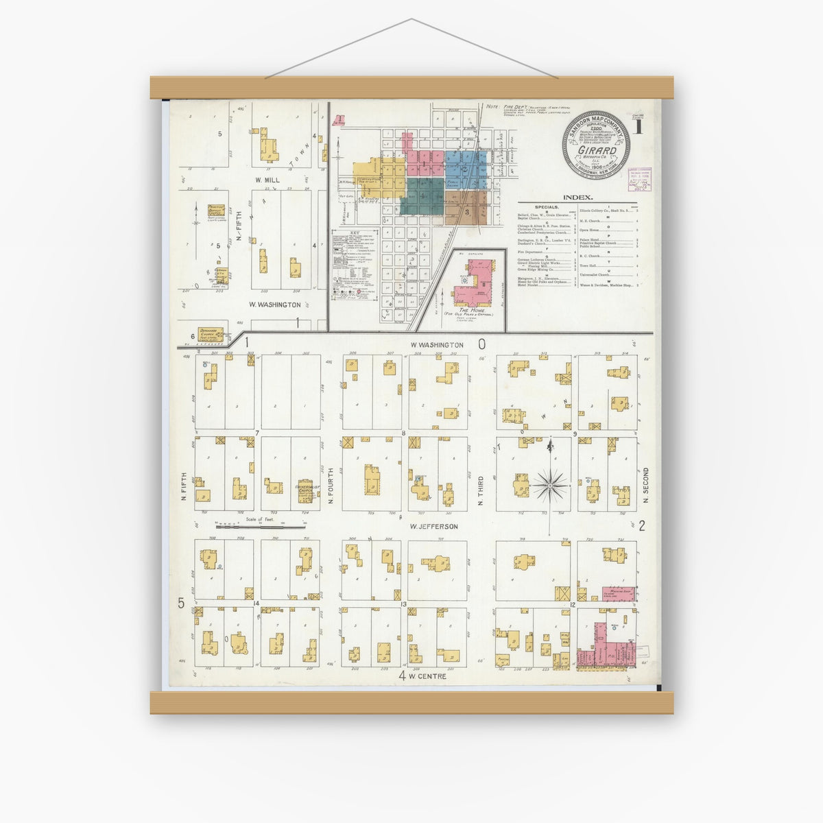 Old map wall art mockup — magnetic wood frame on white wall — Sanborn Fire Insurance Map from Girard, Macoupin County, Illinois (1906) - Complete Map Set