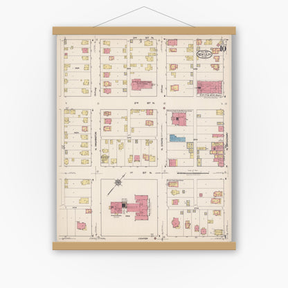 Old map wall art mockup — magnetic wood frame on white wall — Sanborn Fire Insurance Map from New Ulm, Brown County, Minnesota (1922), Sheet #0010