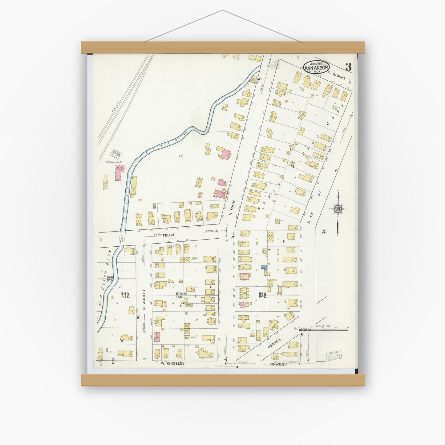 Old map wall art mockup — magnetic wood frame on white wall — Sanborn Fire Insurance Map from Ann Arbor, Washtenaw County, Michigan (1916), Sheet #0003