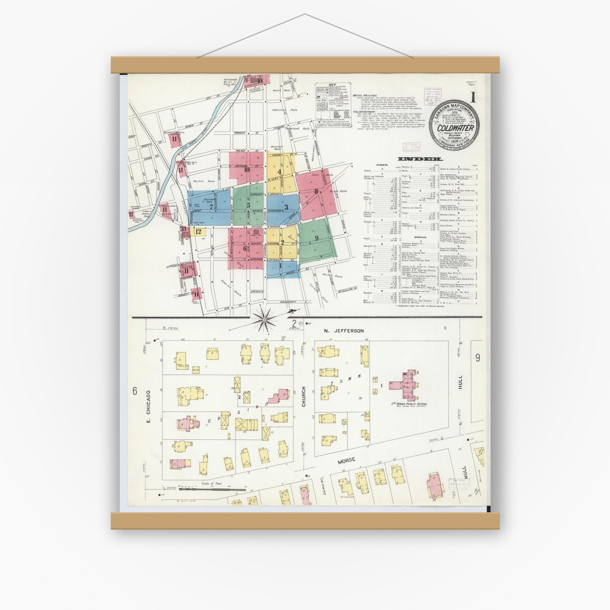 Old map wall art mockup — magnetic wood frame on white wall — Sanborn Fire Insurance Map from Coldwater, Branch County, Michigan (1908) - Complete Map Set