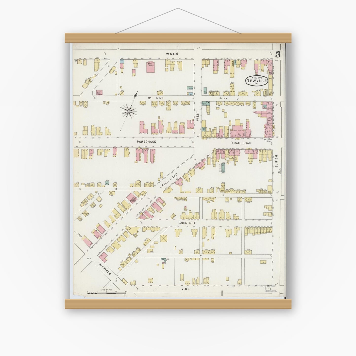 Old map wall art mockup — magnetic wood frame on white wall — Sanborn Fire Insurance Map from Newville, Cumberland County, Pennsylvania (1894), Sheet #0003
