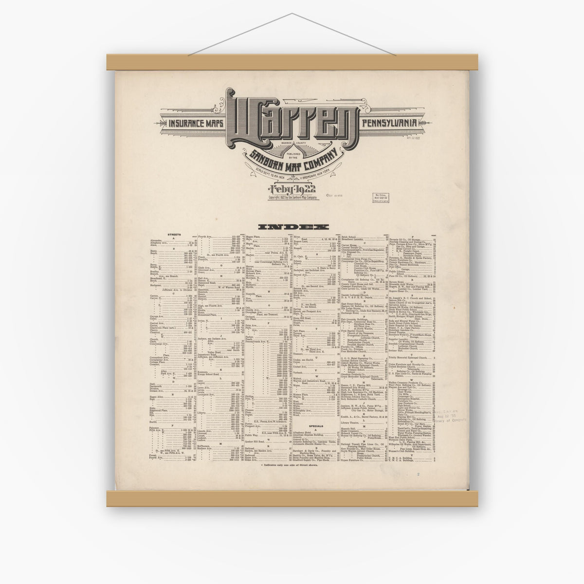 Old map wall art mockup — magnetic wood frame on white wall — Sanborn Fire Insurance Map from Warren, Warren County, Pennsylvania (1922), Sheet #0001