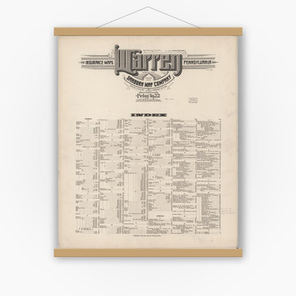 Old map wall art mockup — magnetic wood frame on white wall — Sanborn Fire Insurance Map from Warren, Warren County, Pennsylvania (1922), Sheet #0001