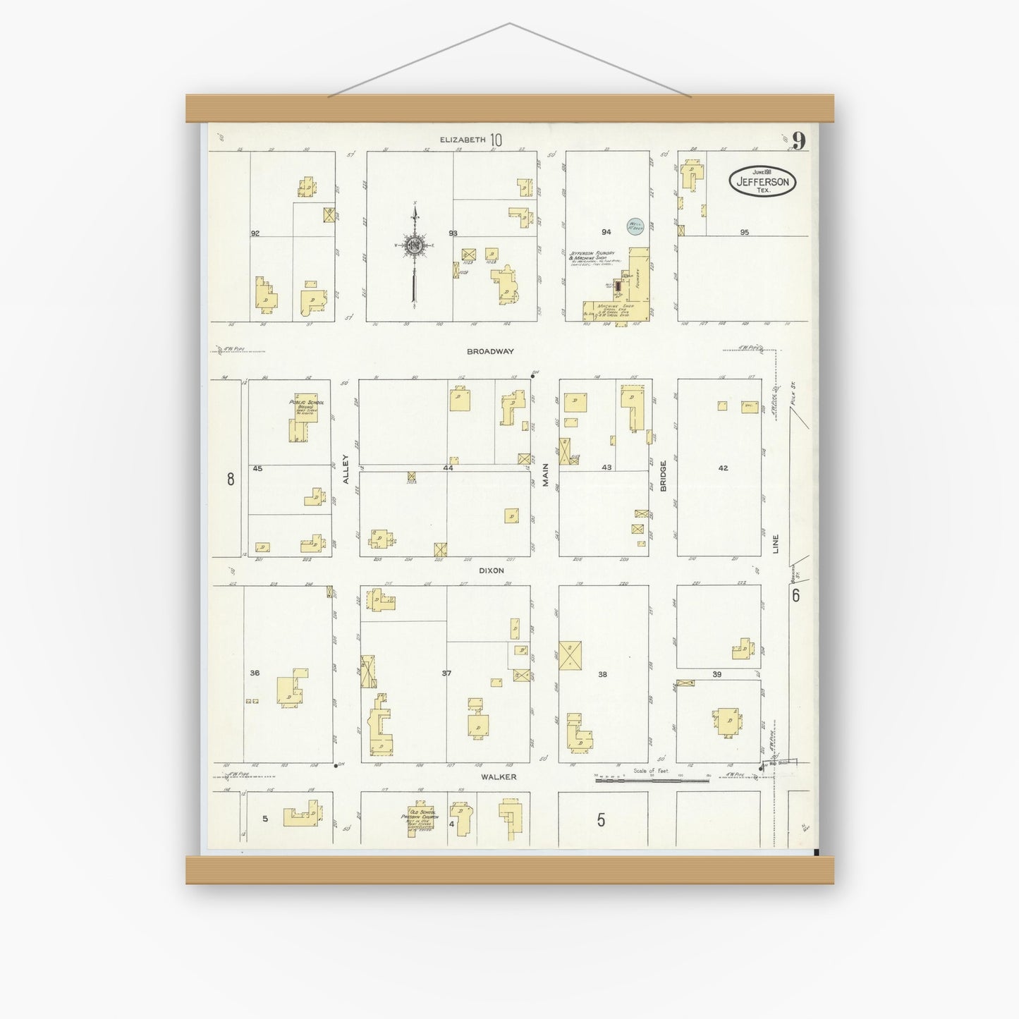 Old map wall art mockup — magnetic wood frame on white wall — Sanborn Fire Insurance Map from Jefferson, Marion County, Texas (1911), Sheet #0009