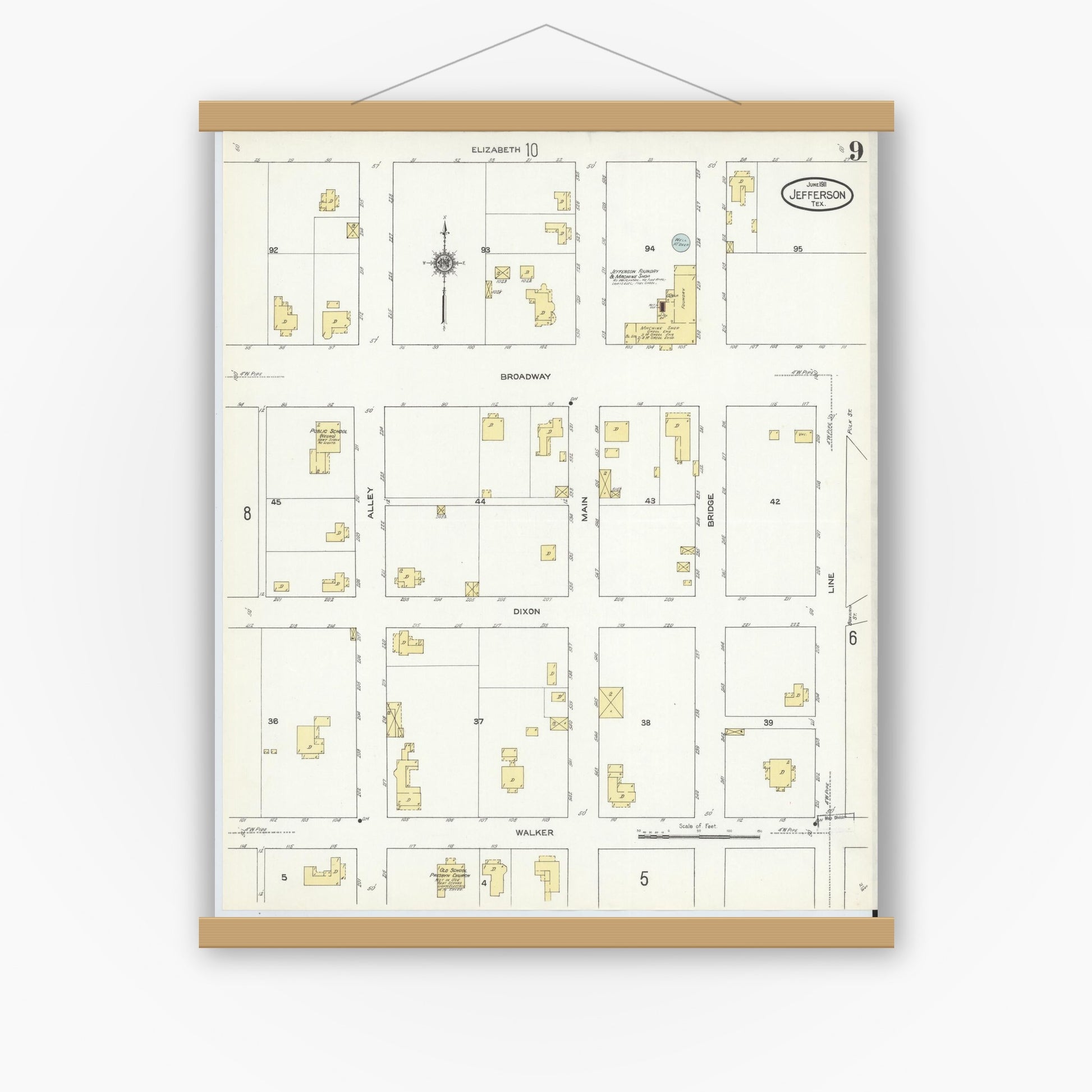 Old map wall art mockup — magnetic wood frame on white wall — Sanborn Fire Insurance Map from Jefferson, Marion County, Texas (1911), Sheet #0009