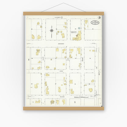 Old map wall art mockup — magnetic wood frame on white wall — Sanborn Fire Insurance Map from Jefferson, Marion County, Texas (1911), Sheet #0009