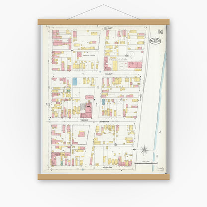 Old map wall art mockup — magnetic wood frame on white wall — Sanborn Fire Insurance Map from Madison, Jefferson County, Indiana (1904), Sheet #0014