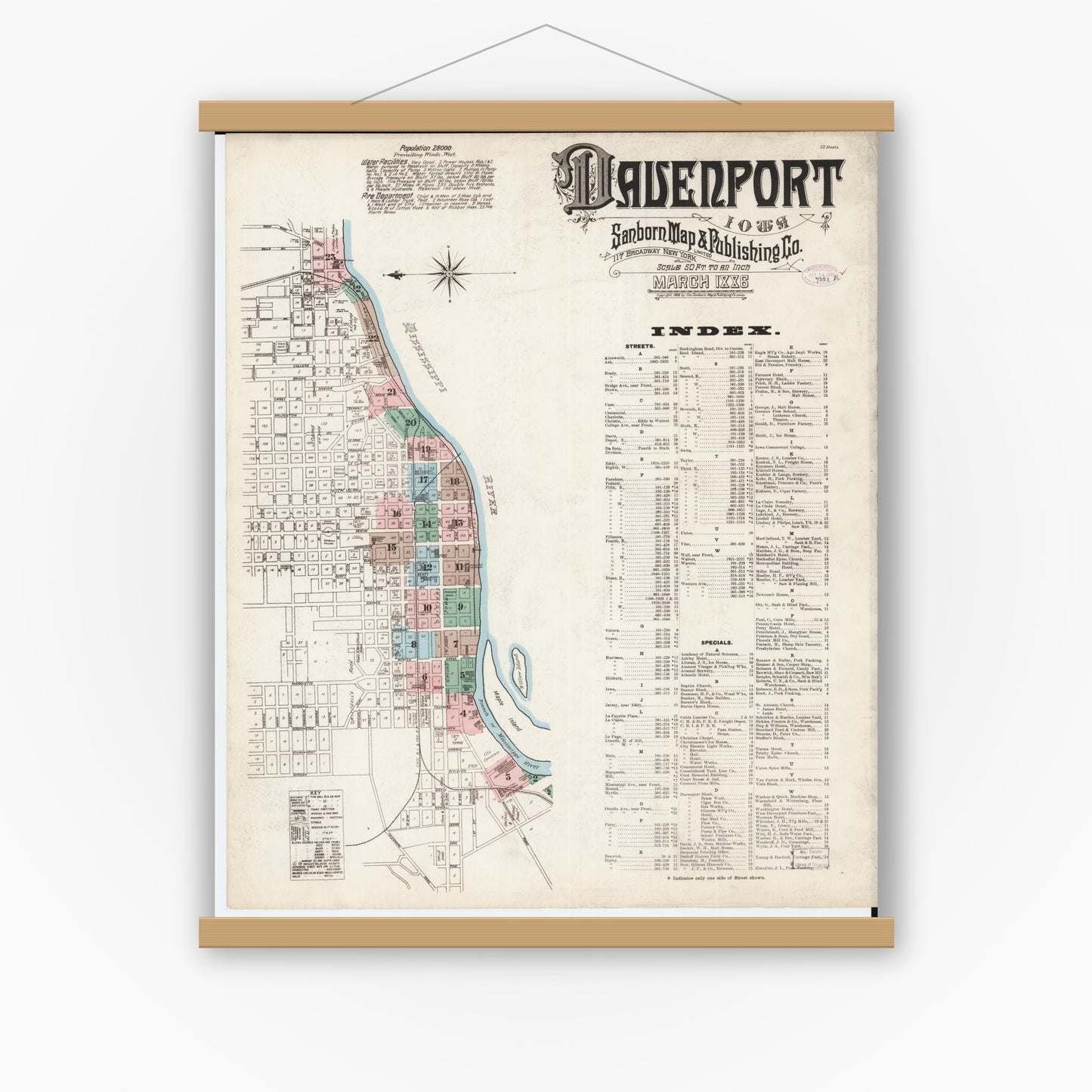Old map wall art mockup — magnetic wood frame on white wall — Sanborn Fire Insurance Map from Davenport, Scott County, Iowa (1886), Sheet #0001