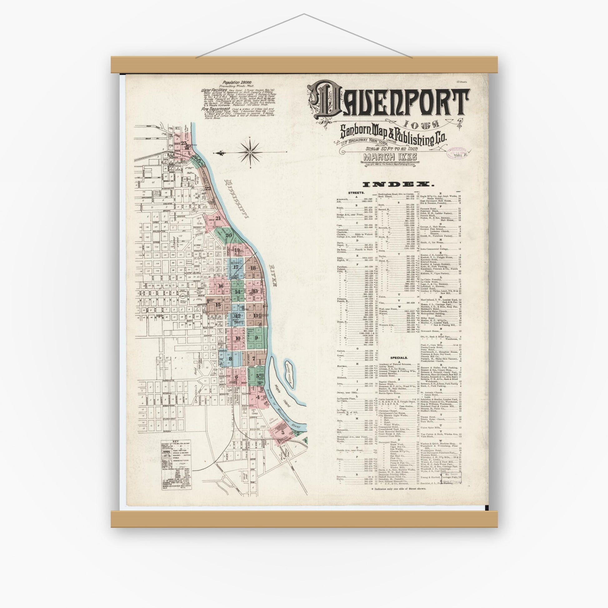 Old map wall art mockup — magnetic wood frame on white wall — Sanborn Fire Insurance Map from Davenport, Scott County, Iowa (1886), Sheet #0001