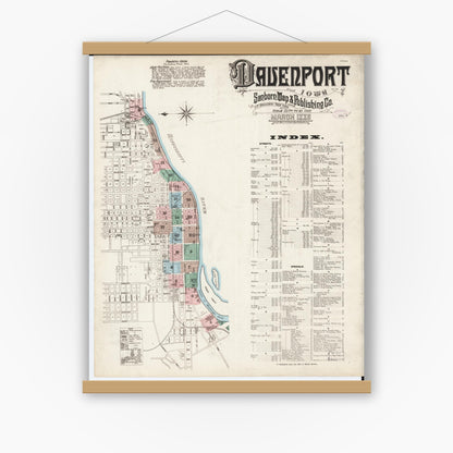 Old map wall art mockup — magnetic wood frame on white wall — Sanborn Fire Insurance Map from Davenport, Scott County, Iowa (1886), Sheet #0001