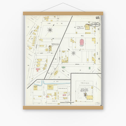 Old map wall art mockup — magnetic wood frame on white wall — Sanborn Fire Insurance Map from Jeffersonville, Clark County, Indiana (1898), Sheet #0025
