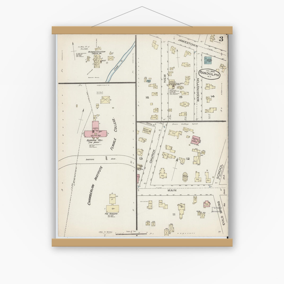Old map wall art mockup — magnetic wood frame on white wall — Sanborn Fire Insurance Map from Randolph, Cattaraugus County, New York (1885), Sheet #0003
