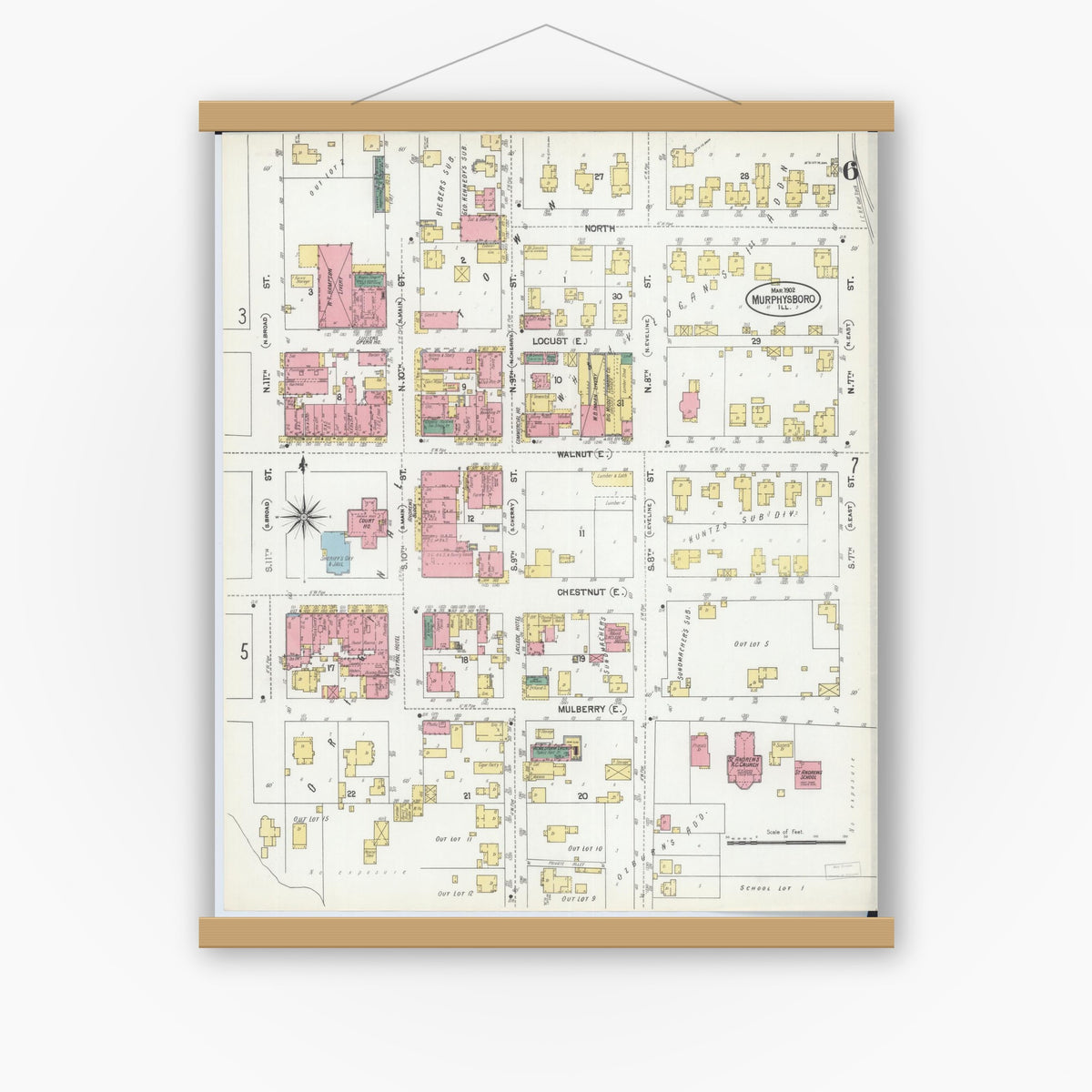 Old map wall art mockup — magnetic wood frame on white wall — Sanborn Fire Insurance Map from Murphysboro, Jackson County, Illinois (1902), Sheet #0006