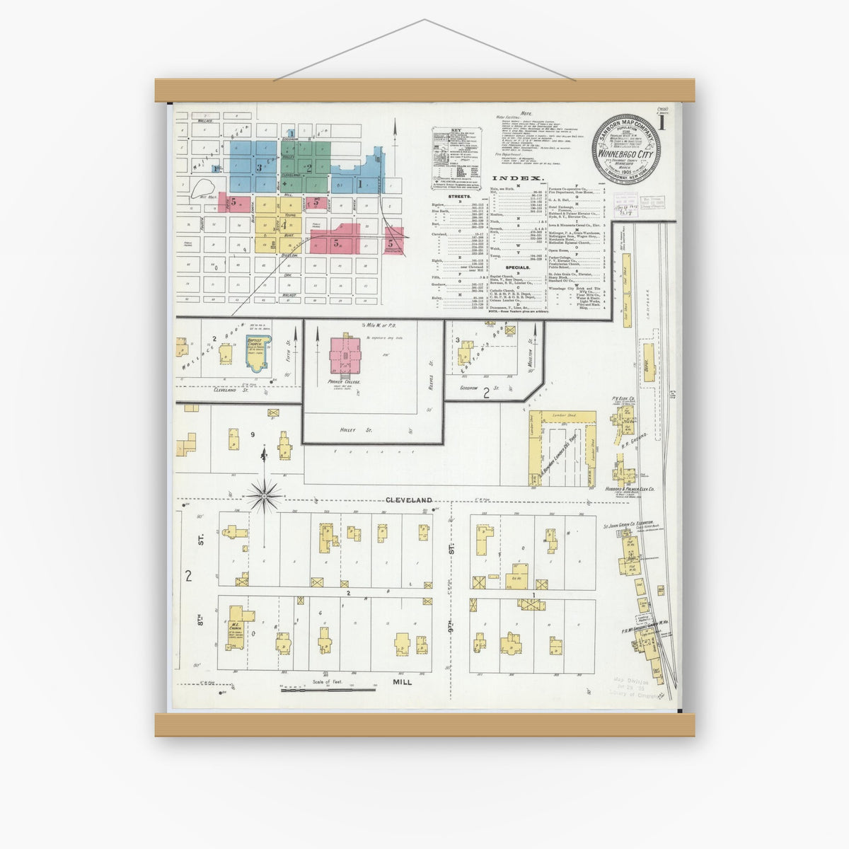Old map wall art mockup — magnetic wood frame on white wall — Sanborn Fire Insurance Map from Winnebago, Faribault County, Minnesota (1905), Sheet #0001