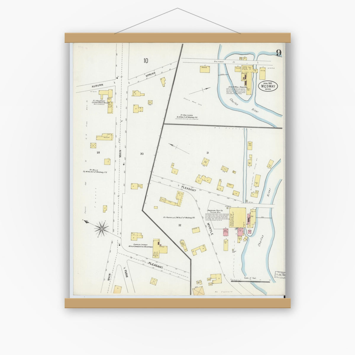 Old map wall art mockup — magnetic wood frame on white wall — Sanborn Fire Insurance Map from Medway, Norfolk County, Massachusetts (1903), Sheet #0009